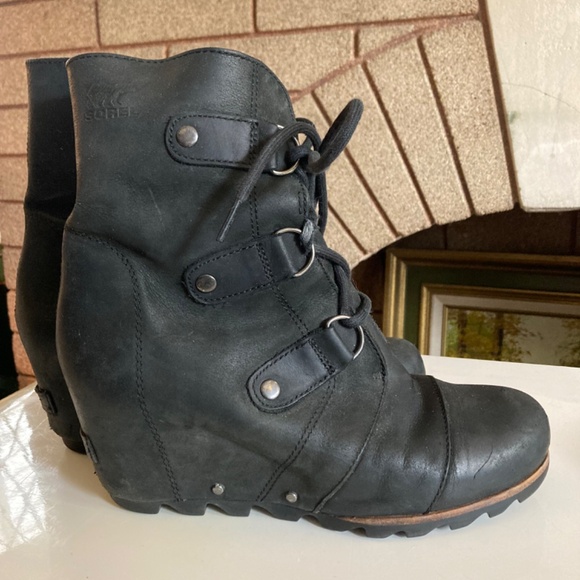 Sorel Black Leather Wedge Lace Up Women’s Size 8.5 - Picture 4 of 14